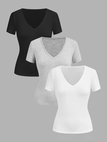 SHEIN EZwear 3件組女款休閒深V領修身短袖T恤，34%棉，夏季服飾，街頭風，適合日常通勤、約會、派對、秋冬/夏季、婚禮、海灘、畢業典禮，優雅休閒，適合出遊、Y2K、音樂節穿搭、度假服飾、開學服飾 - 彩色 - 查看 12