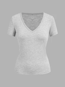 SHEIN EZwear 3件組女款休閒深V領修身短袖T恤，34%棉，夏季服飾，街頭風，適合日常通勤、約會、派對、秋冬/夏季、婚禮、海灘、畢業典禮，優雅休閒，適合出遊、Y2K、音樂節穿搭、度假服飾、開學服飾 - 彩色 - 查看 6