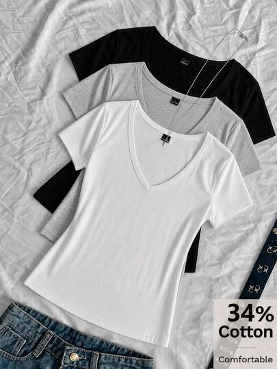 SHEIN EZwear 3 חולצות טי קצרות לנשים עם צוואון V עמוק, צמודות, 34% כותנה, בגדי קיץ, בגדי רחוב, מתאים לנסיעות יומיומיות, דייט, מסיבה, סתיו/חורף, קיץ, מסיבה, חתונה, חוף, טקס סיום, אלגנטי, יומיומי, יציאה, Y2K, תלבושת לפסטיבל מוזיקה, בגדי חופשה, בגדי חזרה לבית הספר