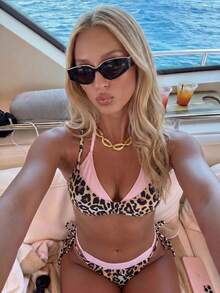 Bonvoyette Women's Summer Beach Holiday Colorblock Patchwork Sexy Leopard Print 2 In 1 Bikini Set - Multicolor - View 6