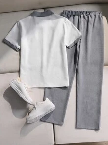 Set Pakaian Remaja Laki-laki 2 Potong Bahan Tekstur, Kemeja Berkerah Lengan Pendek dengan Trim Kontras Abu-abu + Celana Panjang Abu-abu, Set Kasual Harian Sekolah Musim Panas - Grey - View 2