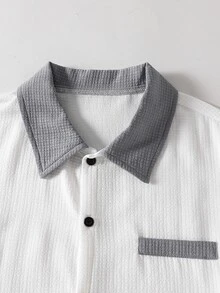 Set Pakaian Remaja Laki-laki 2 Potong Bahan Tekstur, Kemeja Berkerah Lengan Pendek dengan Trim Kontras Abu-abu + Celana Panjang Abu-abu, Set Kasual Harian Sekolah Musim Panas - Grey - View 6