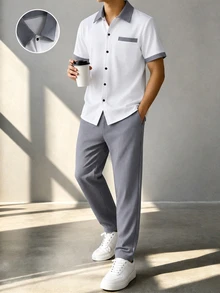 Set Pakaian Remaja Laki-laki 2 Potong Bahan Tekstur, Kemeja Berkerah Lengan Pendek dengan Trim Kontras Abu-abu + Celana Panjang Abu-abu, Set Kasual Harian Sekolah Musim Panas - Grey - View 1
