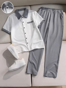 Set Pakaian Remaja Laki-laki 2 Potong Bahan Tekstur, Kemeja Berkerah Lengan Pendek dengan Trim Kontras Abu-abu + Celana Panjang Abu-abu, Set Kasual Harian Sekolah Musim Panas - Grey - View 4