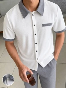 Set Pakaian Remaja Laki-laki 2 Potong Bahan Tekstur, Kemeja Berkerah Lengan Pendek dengan Trim Kontras Abu-abu + Celana Panjang Abu-abu, Set Kasual Harian Sekolah Musim Panas - Grey - View 3