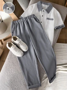 Set Pakaian Remaja Laki-laki 2 Potong Bahan Tekstur, Kemeja Berkerah Lengan Pendek dengan Trim Kontras Abu-abu + Celana Panjang Abu-abu, Set Kasual Harian Sekolah Musim Panas - Grey - View 5