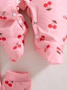 SHEIN 6件組新生女嬰禮品套裝 秋季連身衣、帽子、圍兜、髮帶、手套、包巾，蝴蝶結印花 - 淺粉色 - 查看 9