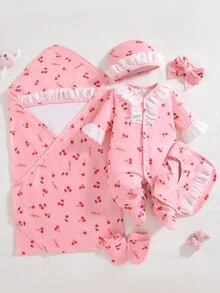 SHEIN 6件組新生女嬰禮品套裝 秋季連身衣、帽子、圍兜、髮帶、手套、包巾，蝴蝶結印花 - 淺粉色 - 查看 3