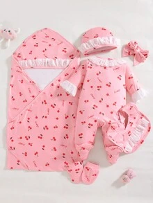 SHEIN 6件組新生女嬰禮品套裝 秋季連身衣、帽子、圍兜、髮帶、手套、包巾，蝴蝶結印花 - 淺粉色 - 查看 4