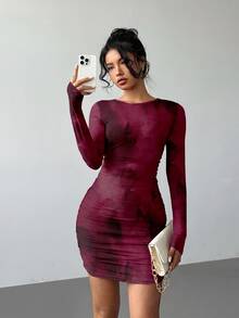 Aloruh 女士纯色圆领长袖褶皱性感酒红色扎染印花修身迷你连衣裙，适合秋冬季节、约会、派对等场合，酒红色派对礼服 - 酒紅色 - 查看 5