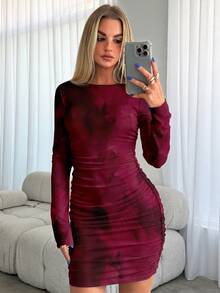 Aloruh 女士纯色圆领长袖褶皱性感酒红色扎染印花修身迷你连衣裙，适合秋冬季节、约会、派对等场合，酒红色派对礼服 - 酒紅色 - 查看 8