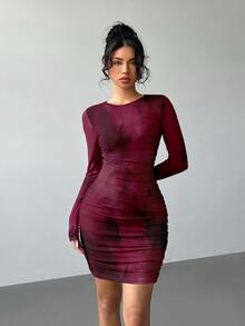Aloruh 女士纯色圆领长袖褶皱性感酒红色扎染印花修身迷你连衣裙，适合秋冬季节、约会、派对等场合，酒红色派对礼服 - 酒紅色 - 查看 10