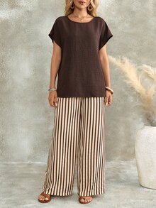 EMERY ROSE Women's Textured Solid Color Minimalist Top With Striped Pocket Loose Pants 2 Pieces Set - Khaki - View 6