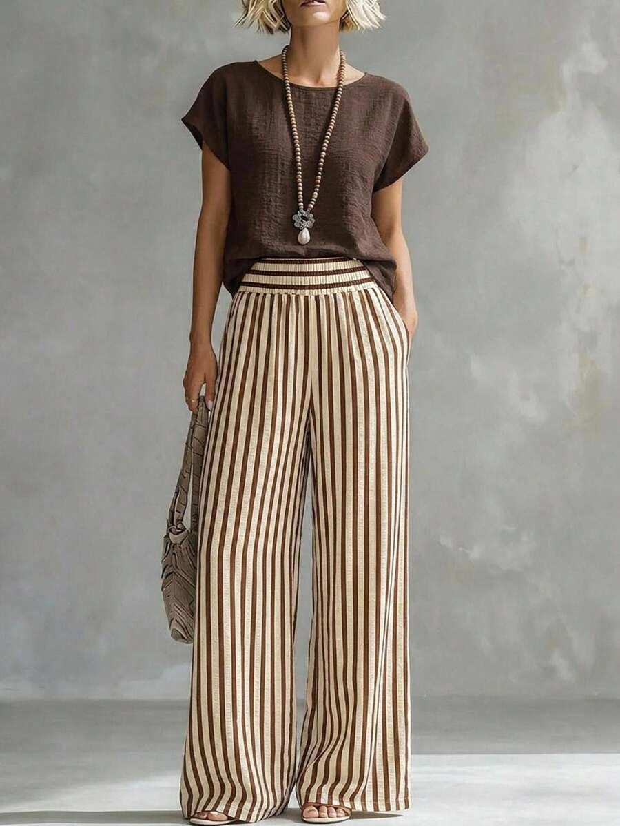 EMERY ROSE Women's Textured Solid Color Minimalist Top With Striped Pocket Loose Pants 2 Pieces Set - Khaki - View 1