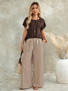 EMERY ROSE Women's Textured Solid Color Minimalist Top With Striped Pocket Loose Pants 2 Pieces Set - Khaki - View 8