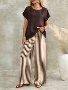 EMERY ROSE Women's Textured Solid Color Minimalist Top With Striped Pocket Loose Pants 2 Pieces Set - Khaki - View 7