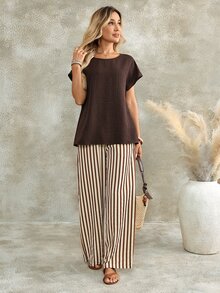 EMERY ROSE Women's Textured Solid Color Minimalist Top With Striped Pocket Loose Pants 2 Pieces Set - Khaki - View 4