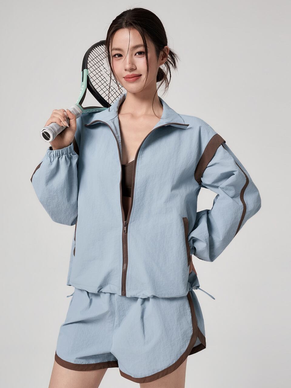 Women's Korean Style Light Blue & Brown Colorblock Zip-Up Short Jacket & Shorts Set, Fitness Casual Loungewear Outdoor Sports Outfit, Autumn/Summer
