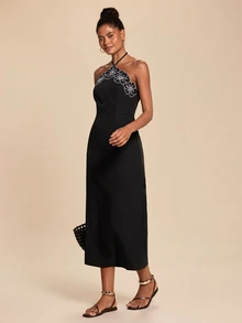 Travachic Women's Elegant French Embroidered Dress,Black Floral Dress,Summer Brunch Vacation - Black - View 5