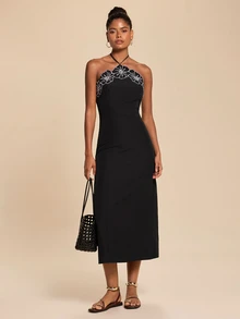 Travachic Women's Elegant French Embroidered Dress,Black Floral Dress,Summer Brunch Vacation - Black - View 4