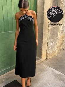 Travachic Women's Elegant French Embroidered Dress,Black Floral Dress,Summer Brunch Vacation - Black - View 1