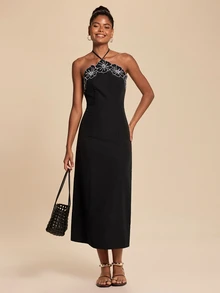 Travachic Women's Elegant French Embroidered Dress,Black Floral Dress,Summer Brunch Vacation - Black - View 6
