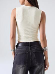 LYSMO Women's Fashion Women's Textured Single-Breasted Round Neck Tank Top Going Out Tops For Women - Beige - View 2