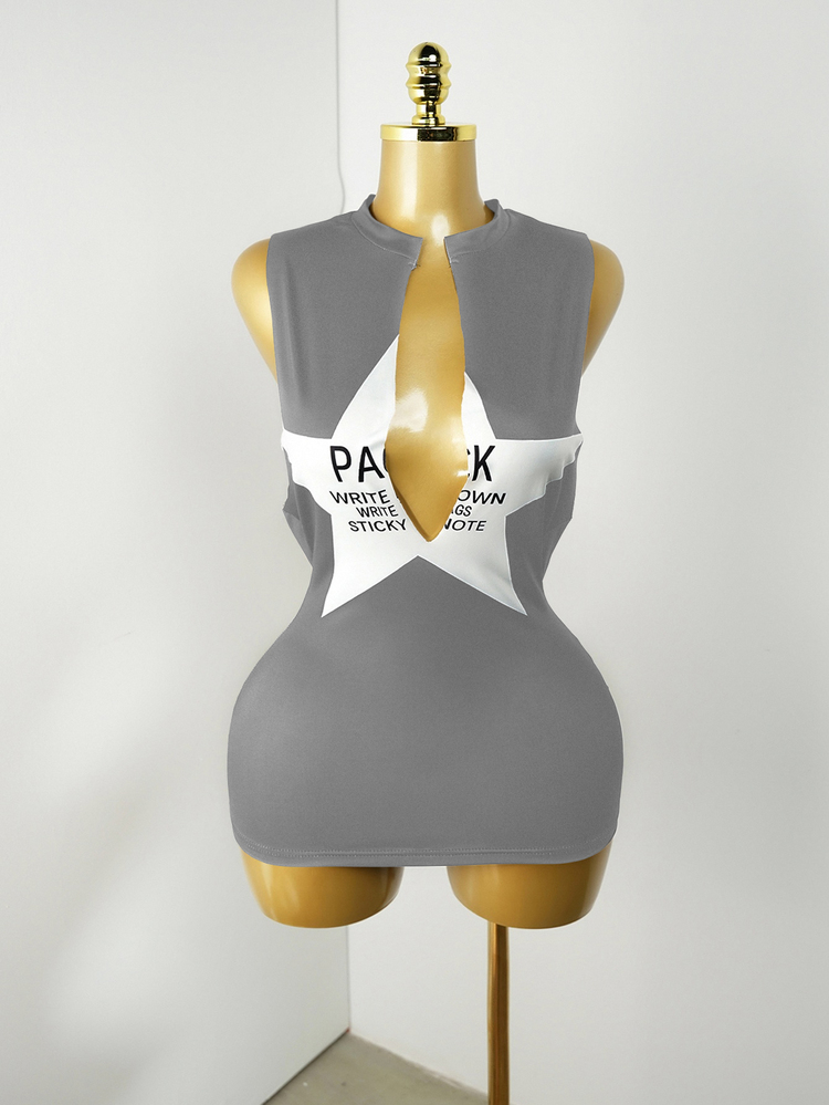 Mistrie New Autumn Star Print Mini Dress, Sexy Hollow Out Contrast Color Design For Women - Grey - View 8