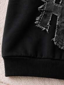 SHEIN 小男孩字母拼接圓領長袖衛衣與運動長褲休閒套裝 - 黑色 - 查看 3