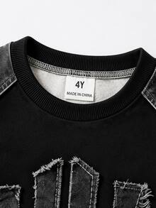 SHEIN 小男孩字母拼接圓領長袖衛衣與運動長褲休閒套裝 - 黑色 - 查看 6