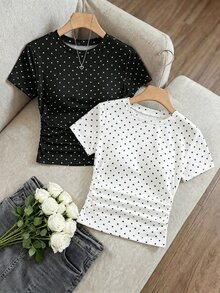 SHEIN Sparklyn 青少年女孩度假波點蝴蝶結修身A字版型T恤，夏季上衣，修身時尚設計，適合度假、旅行、校園穿搭 - 黑與白 - 查看 1