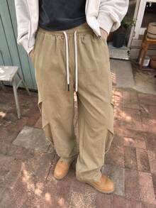 STEELVANCE 男士休閒度假抽繩腰褶皺長褲，附口袋，街頭風 - 卡其色 - 查看 2