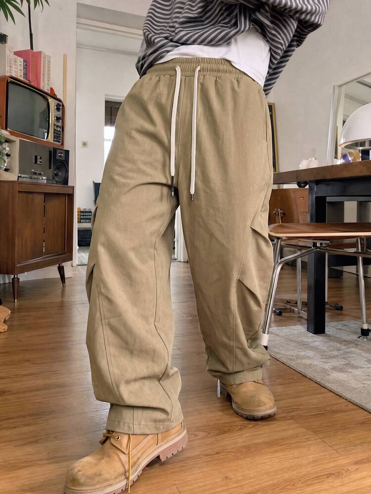 STEELVANCE Men's Casual Vacation Drawstring Waist Pleated Long Pants With Pockets, Streetwear - Khaki - View 3