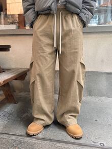 STEELVANCE 男士休閒度假抽繩腰褶皺長褲，附口袋，街頭風 - 卡其色 - 查看 4