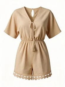 Swim Lushoire Women's Summer Beach Batwing Sleeve V-Neck Tie Tassel Lace Trim Romper,Beige Boho Beach Vacation Holiday Jumpsuits,Elegant Solid Playsuits Summer - Khaki - View 6