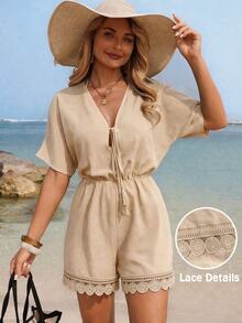 Swim Lushoire Women's Summer Beach Batwing Sleeve V-Neck Tie Tassel Lace Trim Romper,Beige Boho Beach Vacation Holiday Jumpsuits,Elegant Solid Playsuits Summer - Khaki - View 1