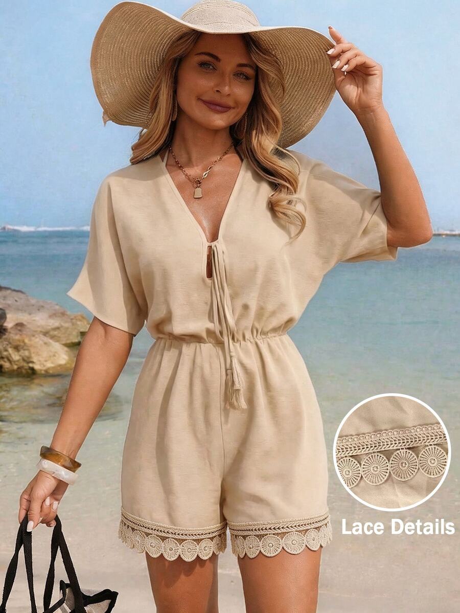 Swim Lushoire Women's Summer Beach Batwing Sleeve V-Neck Tie Tassel Lace Trim Romper,Beige Boho Beach Vacation Holiday Jumpsuits,Elegant Solid Playsuits Summer - Khaki - View 1