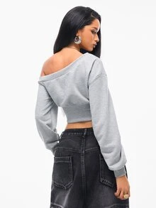 Vadaroq Women's Fall/Winter Streetwear Going Out Basic Cold Shoulder Crop Long Sleeve Grey Sweatshirt Casual - Grey - View 6