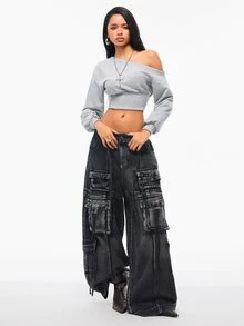 Vadaroq Women's Fall/Winter Streetwear Going Out Basic Cold Shoulder Crop Long Sleeve Grey Sweatshirt Casual - Grey - View 5