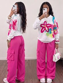 SHEIN 連帽長袖衛衣搭配白色羅紋扇形印花圖案 + 直筒口袋長褲 2件套，可愛優雅休閒學院風女童套裝 - 白色 - 查看 1