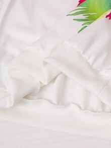 SHEIN 連帽長袖衛衣搭配白色羅紋扇形印花圖案 + 直筒口袋長褲 2件套，可愛優雅休閒學院風女童套裝 - 白色 - 查看 4