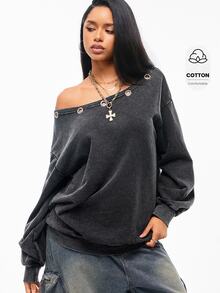 Vadaroq Winter Streetwear Going Out Casual Grunge Goth Y2K Washed Grommet Eyelet Vintage Loose Sweatshirt,Autumn - Black - View 6