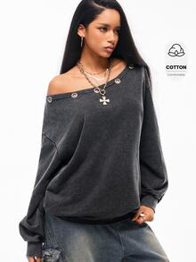 Vadaroq Winter Streetwear Going Out Casual Grunge Goth Y2K Washed Grommet Eyelet Vintage Loose Sweatshirt,Autumn - Black - View 5