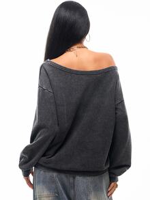 Vadaroq Winter Streetwear Going Out Casual Grunge Goth Y2K Washed Grommet Eyelet Vintage Loose Sweatshirt,Autumn - Black - View 4