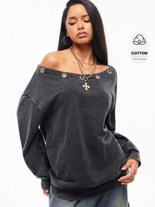Vadaroq Winter Streetwear Going Out Casual Grunge Goth Y2K Washed Grommet Eyelet Vintage Loose Sweatshirt,Autumn - Black - View 1