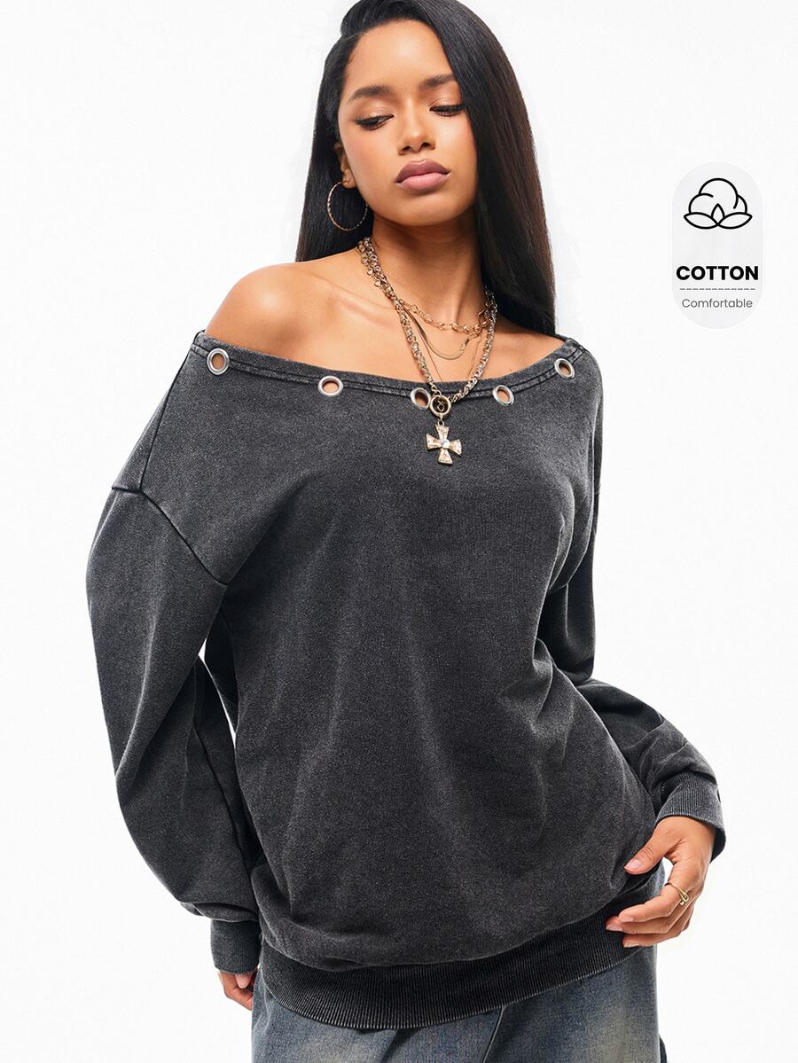Vadaroq Winter Streetwear Going Out Casual Grunge Goth Y2K Washed Grommet Eyelet Vintage Loose Sweatshirt,Autumn - Black - View 1