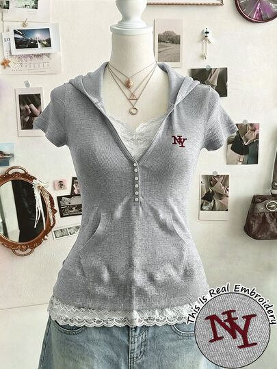 Lalippa Womens Y2K Short Sleeve Hoodie Slim Fit Ribbed Knit Henley Neck Sweatshirt Retro NY Embroidered Casual Tops With Pocket