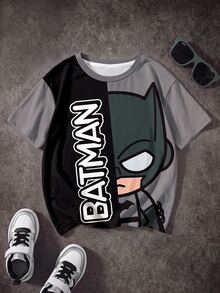 BATMAN X SHEIN 小男孩圓領字母卡通印花休閒日常短袖T恤 - 白色 - 查看 1
