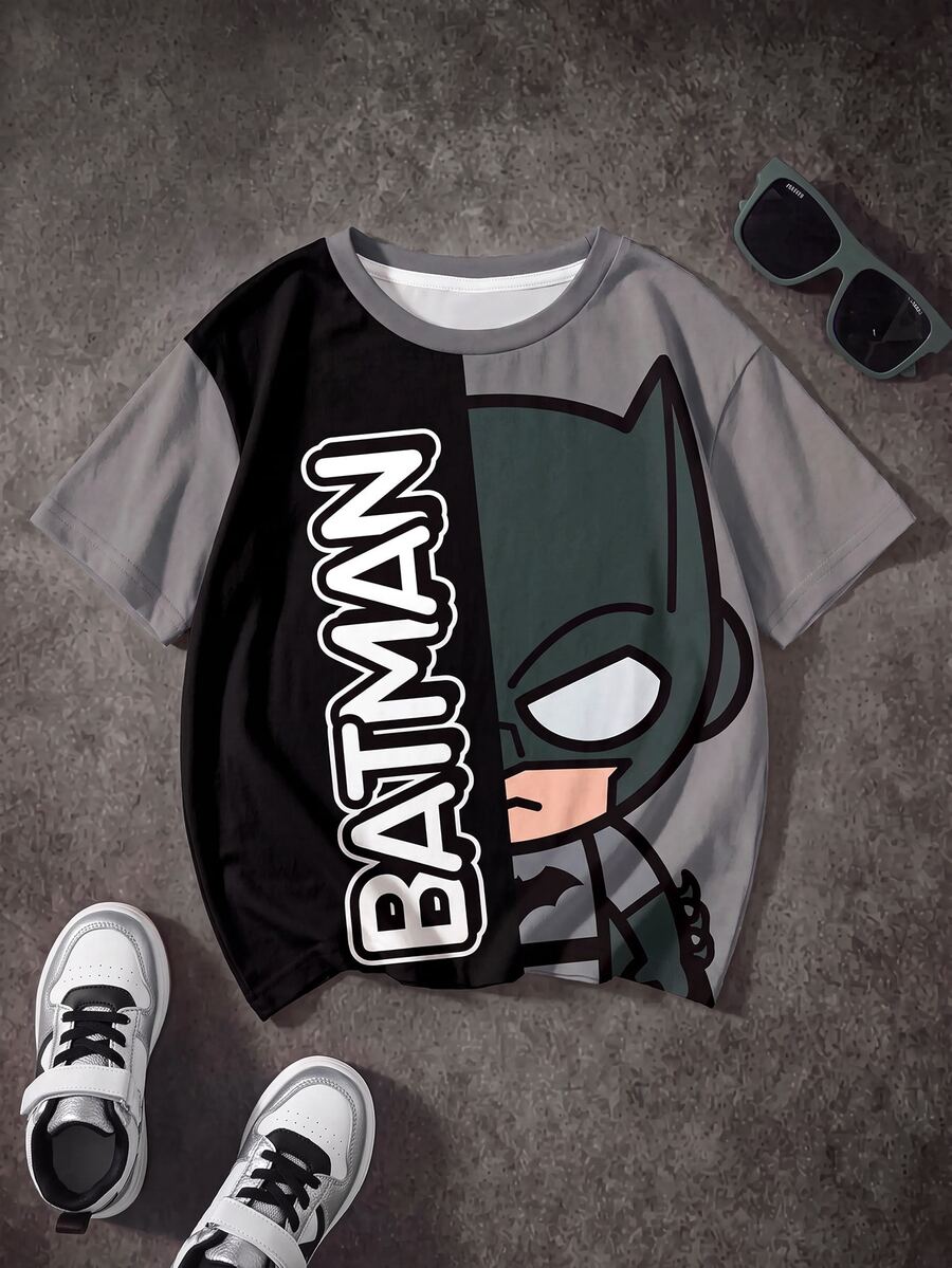 BATMAN X SHEIN 小男孩圓領字母卡通印花休閒日常短袖T恤 - 白色 - 查看 1