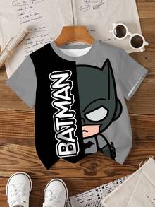BATMAN X SHEIN 小男孩圓領字母卡通印花休閒日常短袖T恤 - 白色 - 查看 3
